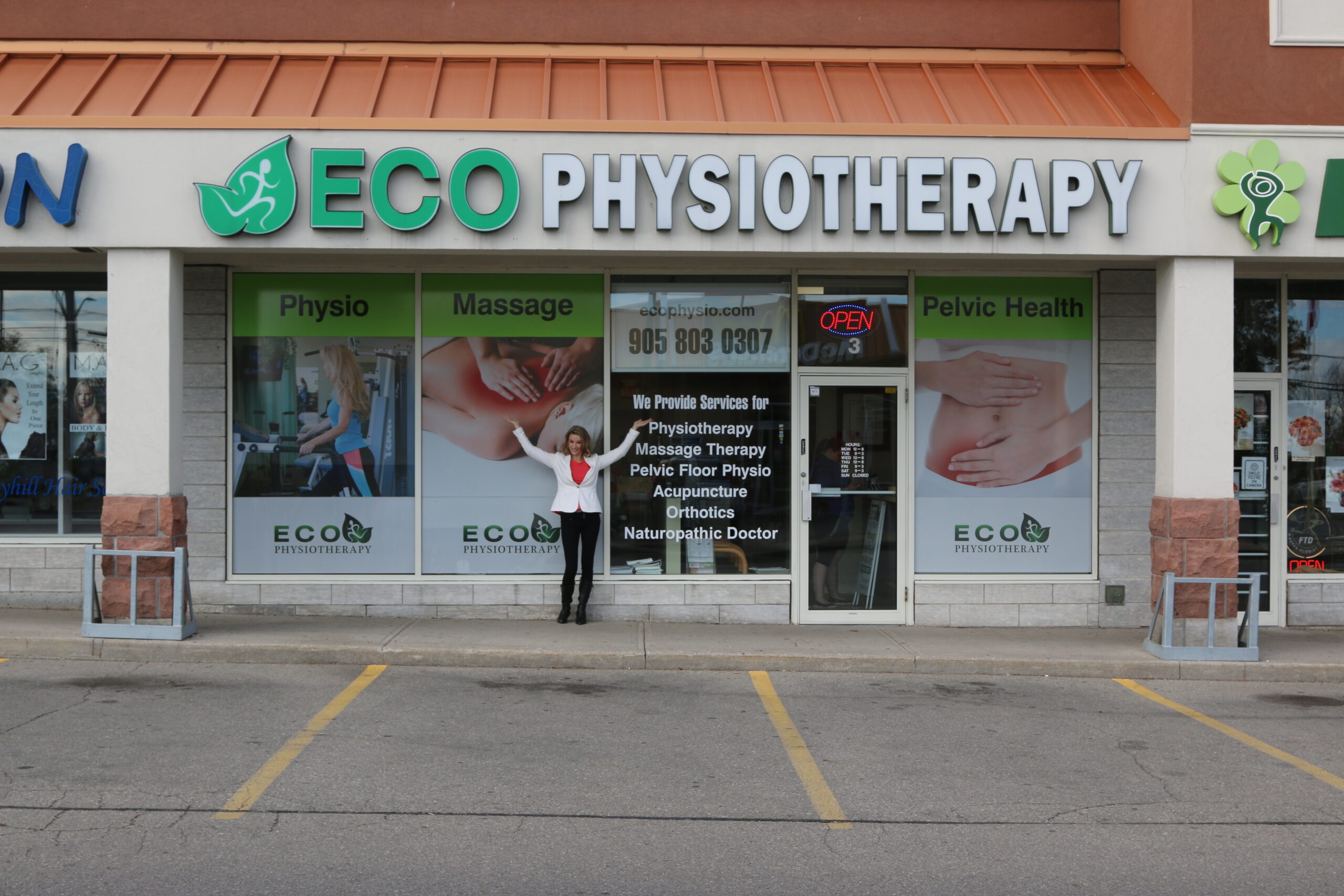 The ECO Physiotherapy clinic front on Clayhill Road in Mississauga, with parking directly outside